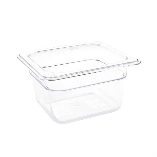 Vogue Clear Polycarbonate Gastronorm Tray 1/6 (65 to 150mm Depths) - Depth: 100mm | Capacity: 1.6L | Code: U240