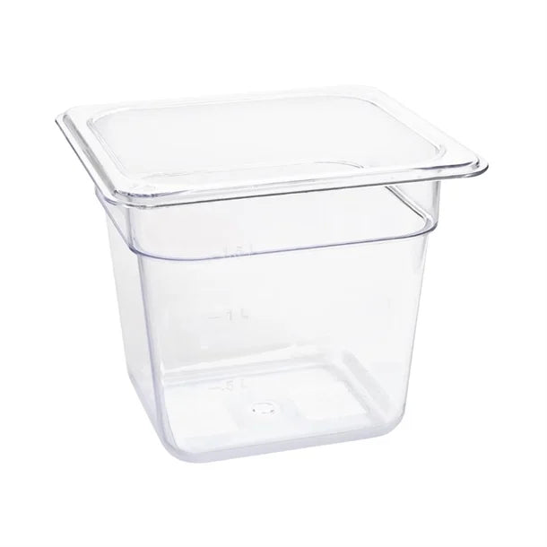 Vogue Clear Polycarbonate Gastronorm Tray 1/6 (65 to 150mm Depths) - Depth: 150mm | Capacity: 2.3L | Code: U241