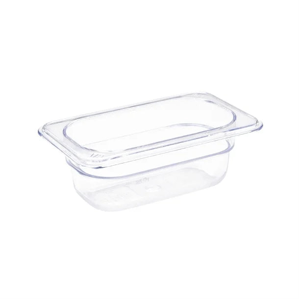 Vogue Clear Polycarbonate Gastronorm Tray 1/9 (65 to 100mm Depths) - Depth: 65mm | Capacity: 600ml | Code: U242