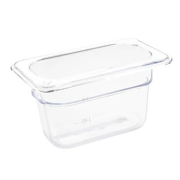 Vogue Clear Polycarbonate Gastronorm Tray 1/9 (65 to 100mm Depths) - Depth: 100mm | Capacity: 870ml | Code: U243