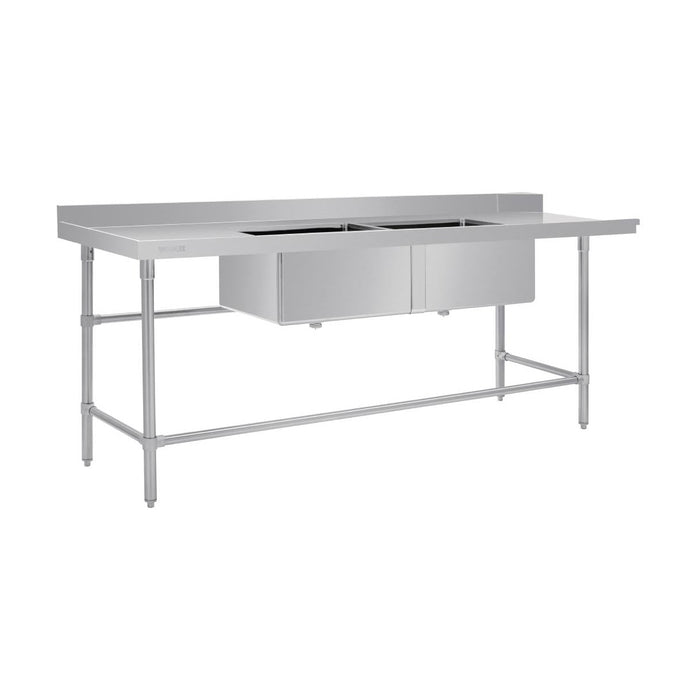 Vogue Dishwasher Inlet Table with Double Bowl Sink 90mm outlet 2400x700x960mmL/H - DE475