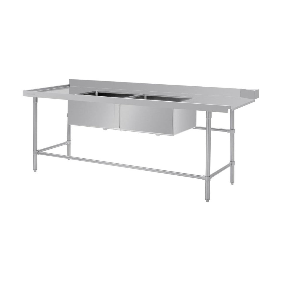 Vogue Dishwasher Inlet Table with Double Bowl Sink 90mm outlet 2400x700x960mmL/H - DE475