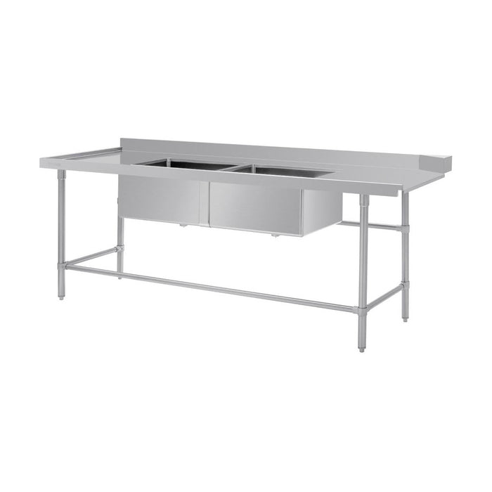 Vogue Dishwasher Inlet Table with Double Bowl Sink 90mm outlet 2400x700x960mmL/H - DE475