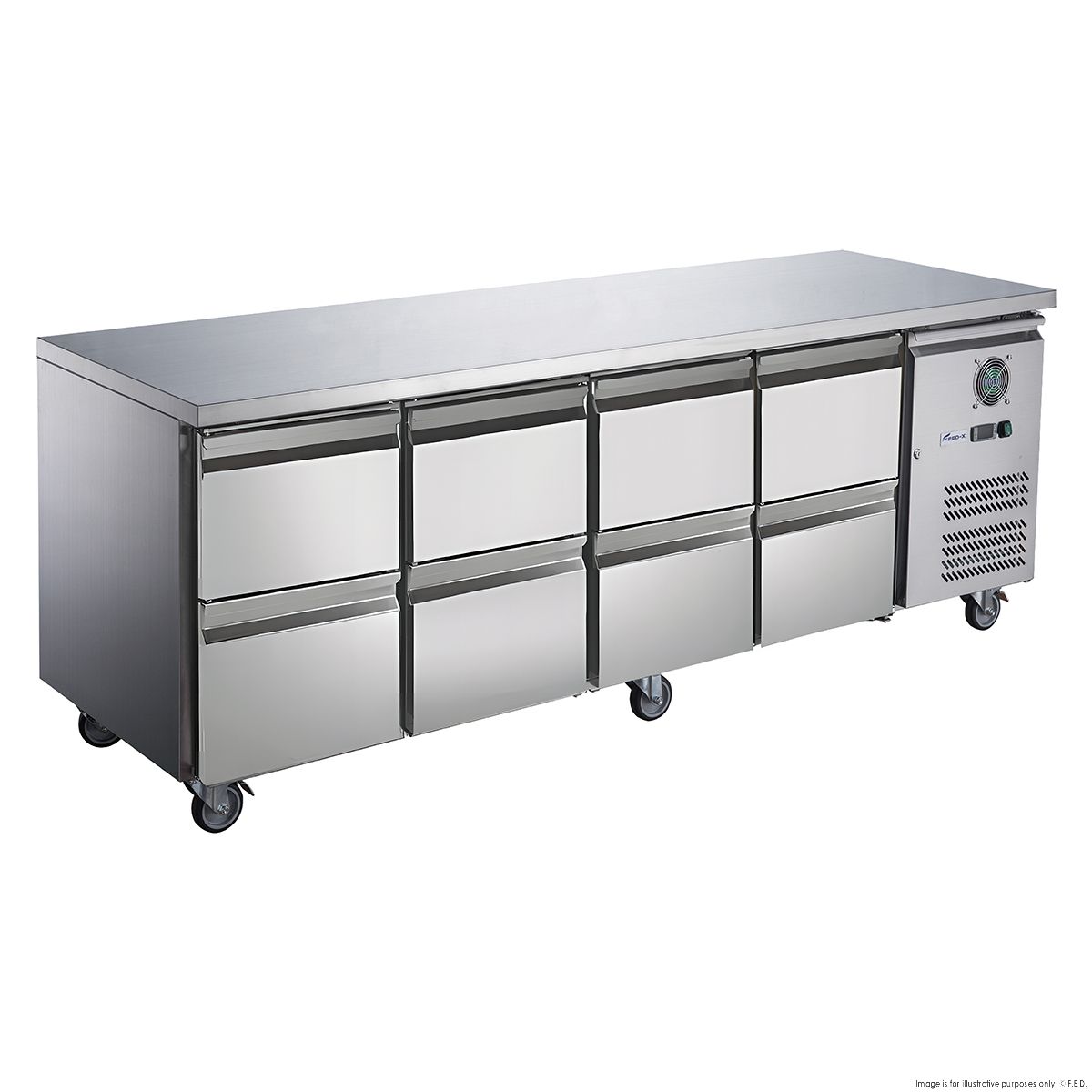 FED-X S/S Eight-Door Bench Fridge with Drawers - XUB7C22S4D