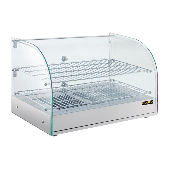 Apuro Pastry Heated Showcase Curved Glass w/Hinged Rear Doors 2 Shelves 45L - CK916-A